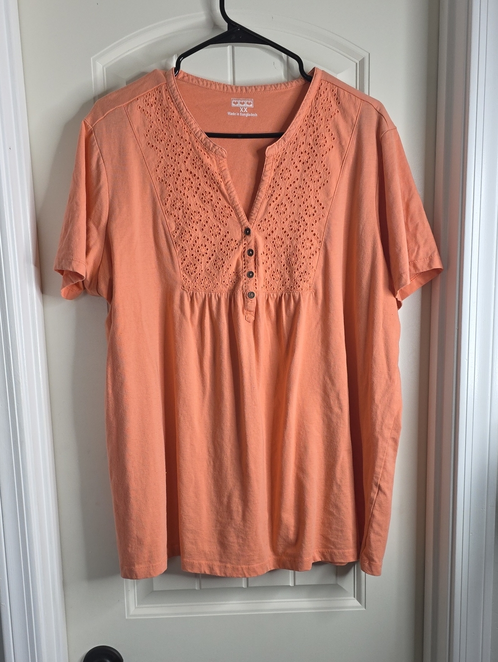 Lace Yoke Short Sleeve Blouse in Peach